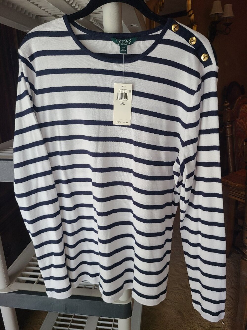 Lauren Ralph Lauren Striped Long Sleeve Top Gold Crest Buttons NWT
